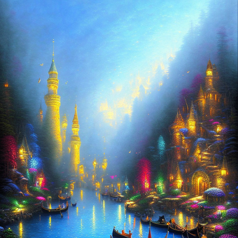 Luminous Buildings Along Waterway at Night with Boats and Towering Spires