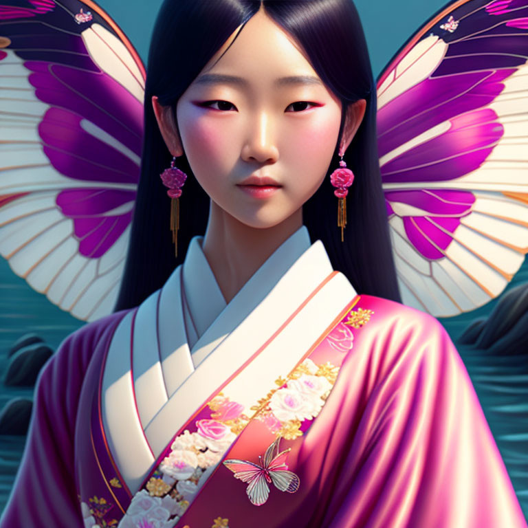 Digital Artwork: Girl with Butterfly Wings in Pink Kimono & Water Background