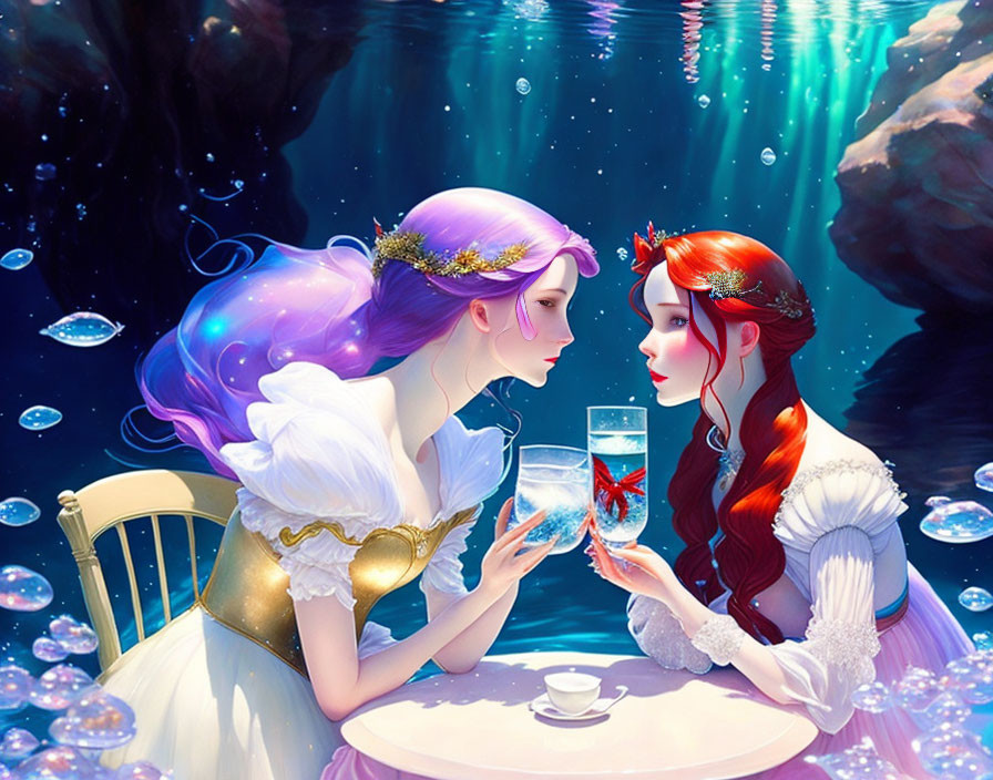 Two women with unique hair colors holding a fish in a glass underwater.