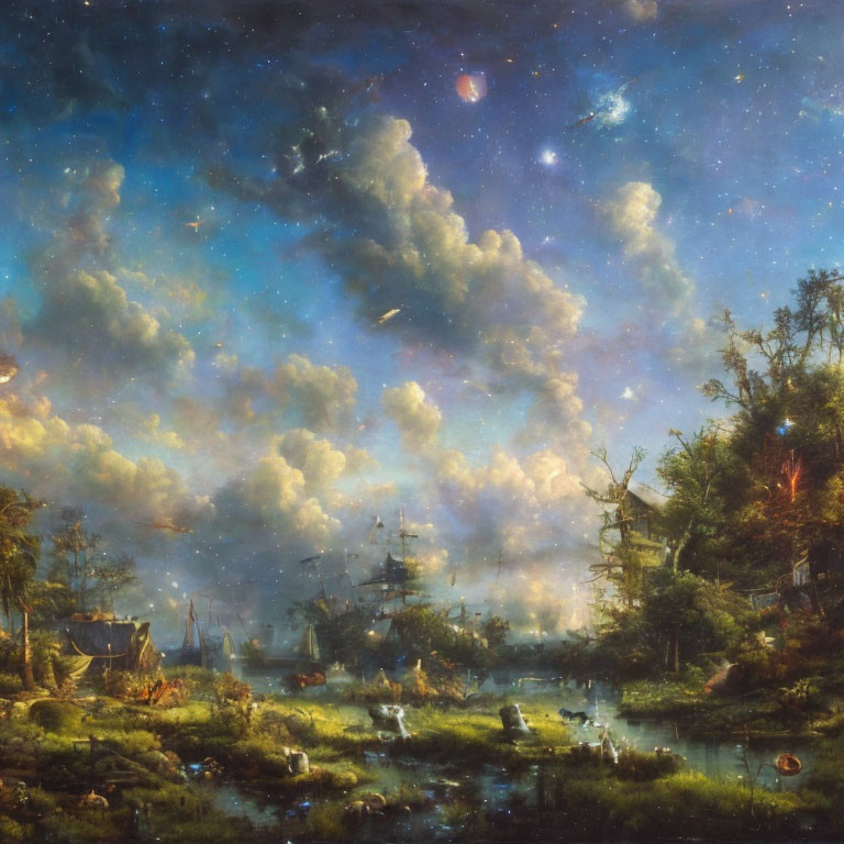 Starry night sky and riverside landscape with ships and greenery