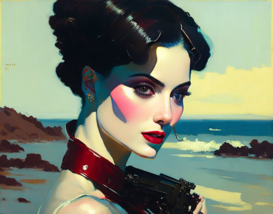 Stylized portrait of woman with dramatic makeup and vintage hairstyle by seaside landscape