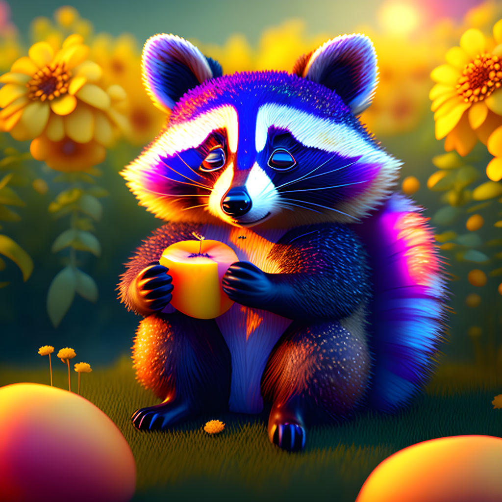 Colorful illustration: Cute raccoon with apple in magical twilight field