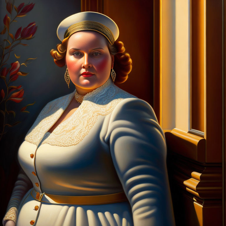 Stylized painting of nurse in traditional uniform and cap with golden earrings