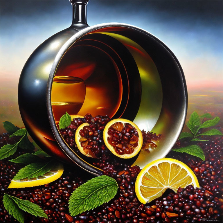 Still life with black jug, amber liquid, lemons, leaves, and coffee beans.