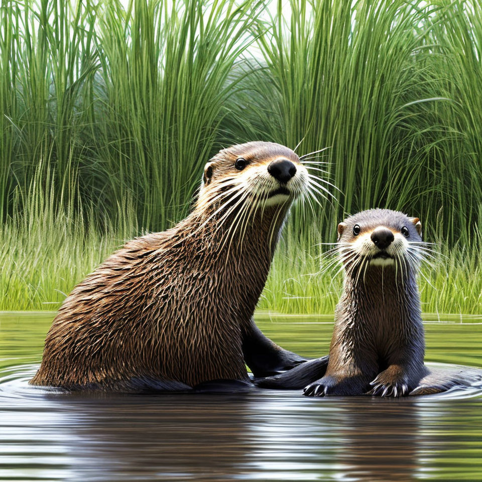 Two Wet Otters Standing in Water Among Green Reeds