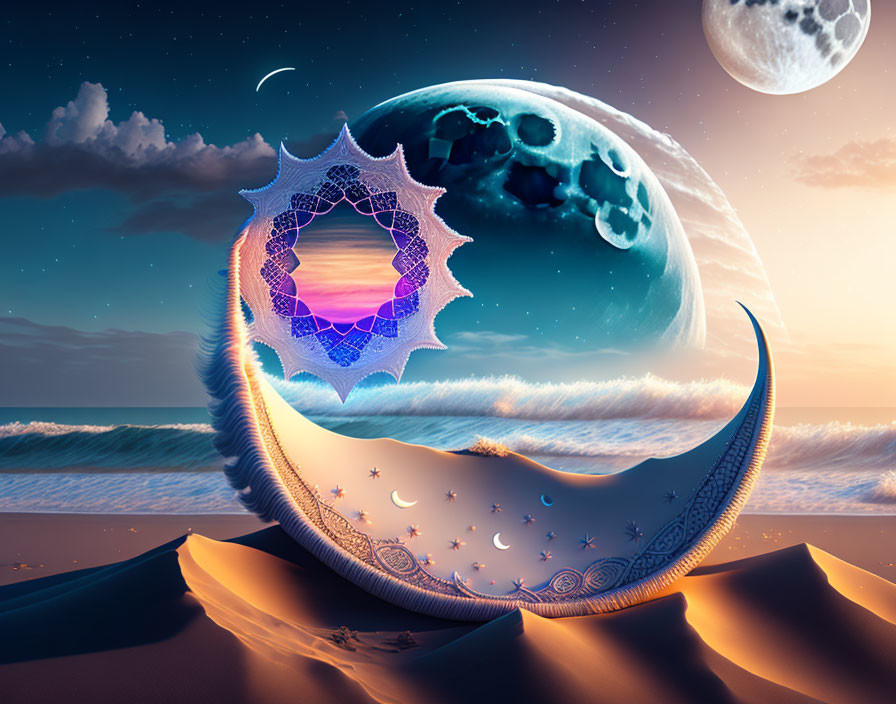 Surreal desert landscape with crescent moon and colorful portal in starry sky