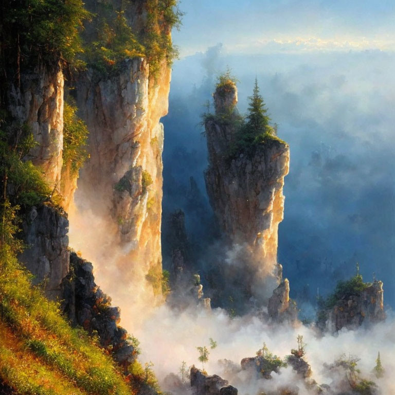 Sunrise view of misty mountain peaks above clouds with greenery on steep rocky faces