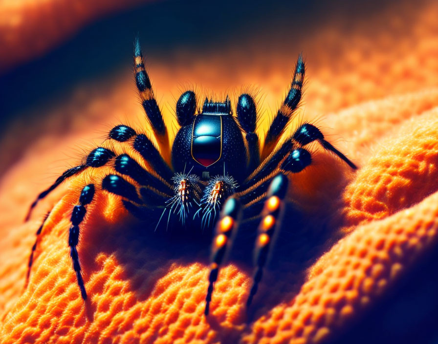 Colorful spider with shiny blue abdomen on orange textured surface