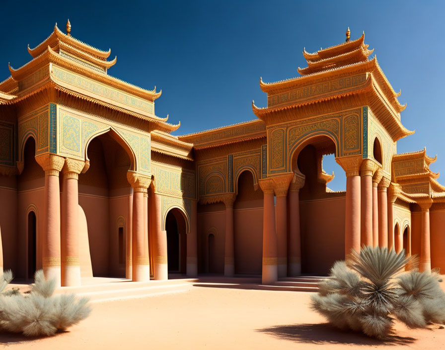 Ornate traditional-style buildings in desert landscape