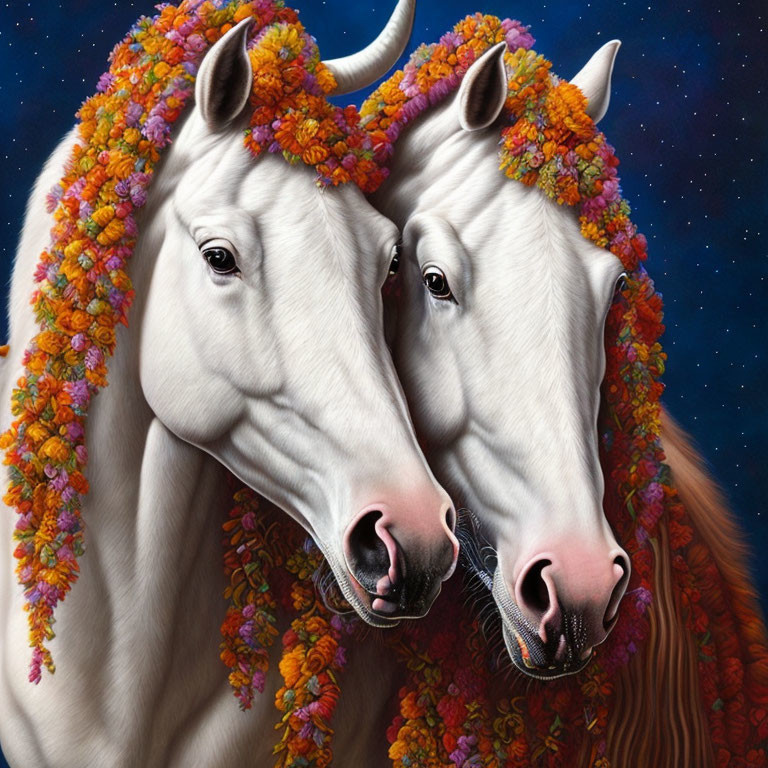 Two White Unicorns with Floral Garlands in Starry Night Sky