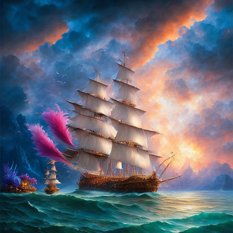 Sailing ship with billowing sails on turbulent sea under dramatic sky