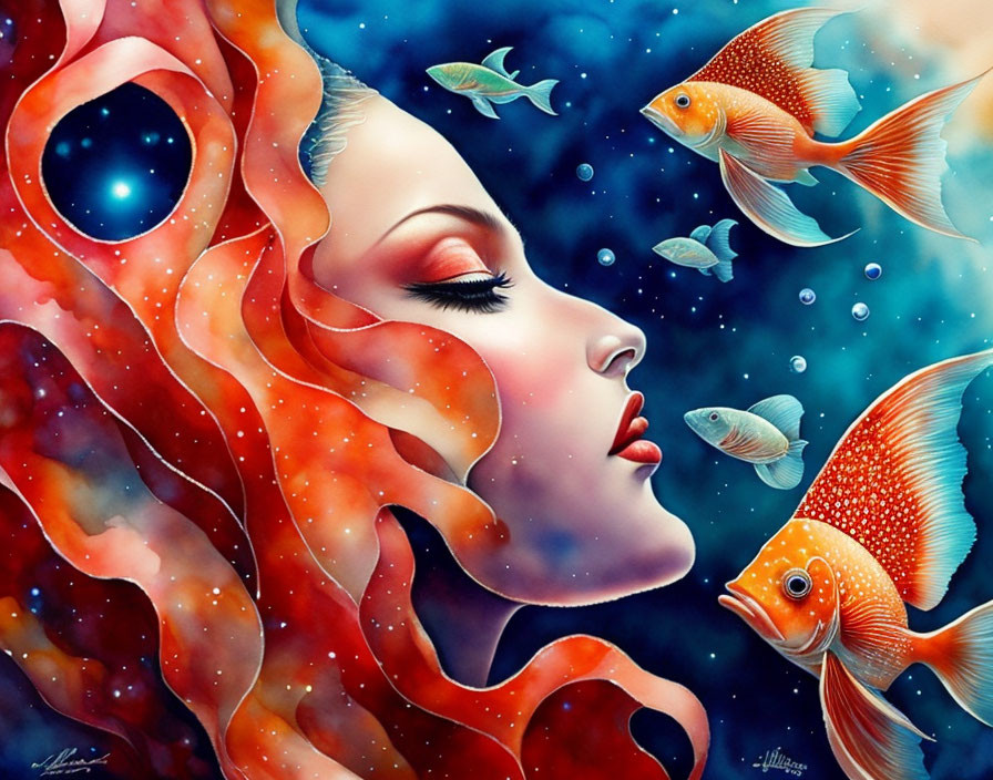 Vibrant artwork: Woman's face merged with marine elements and orange fish in starry blue setting