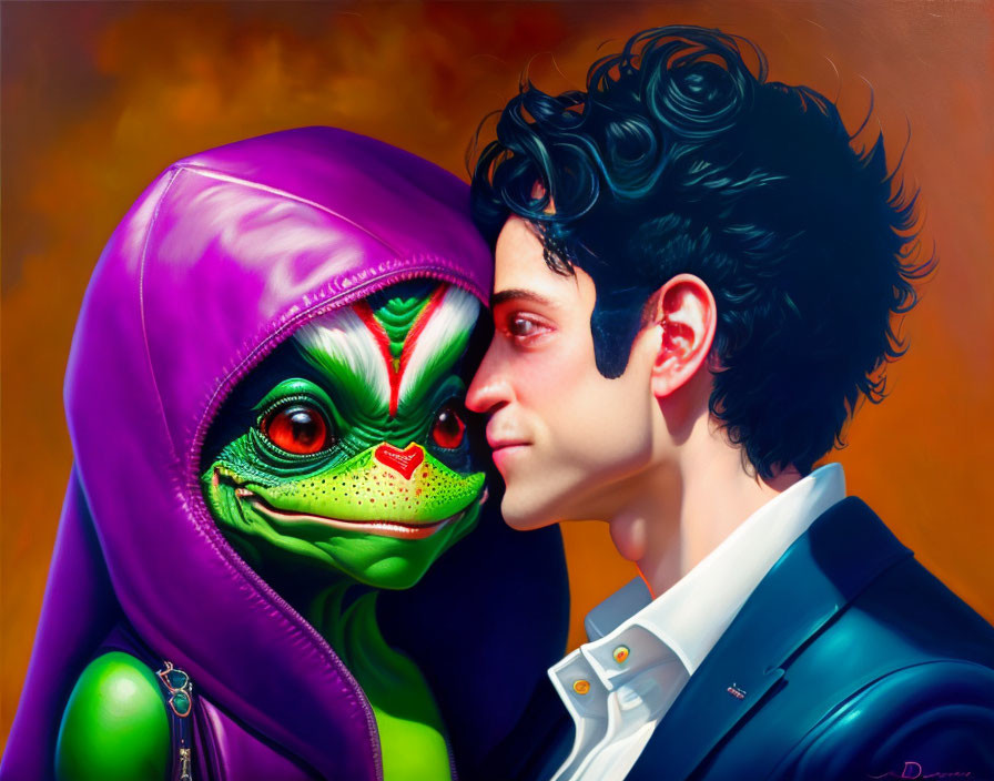 Colorful painting: person in suit looks at green frog in hoodie