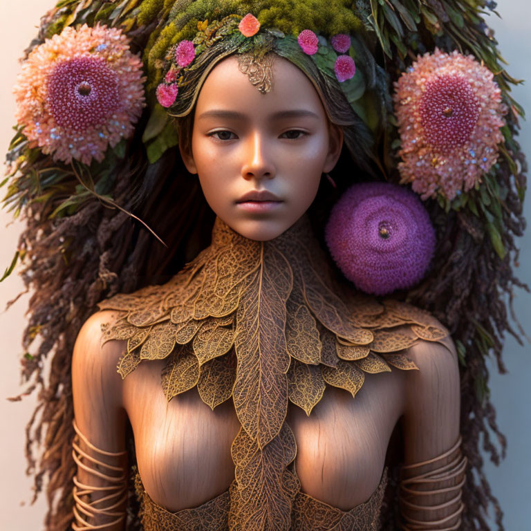 Person adorned in nature-inspired headdress and bodice with intricate leaf patterns and earthy tones