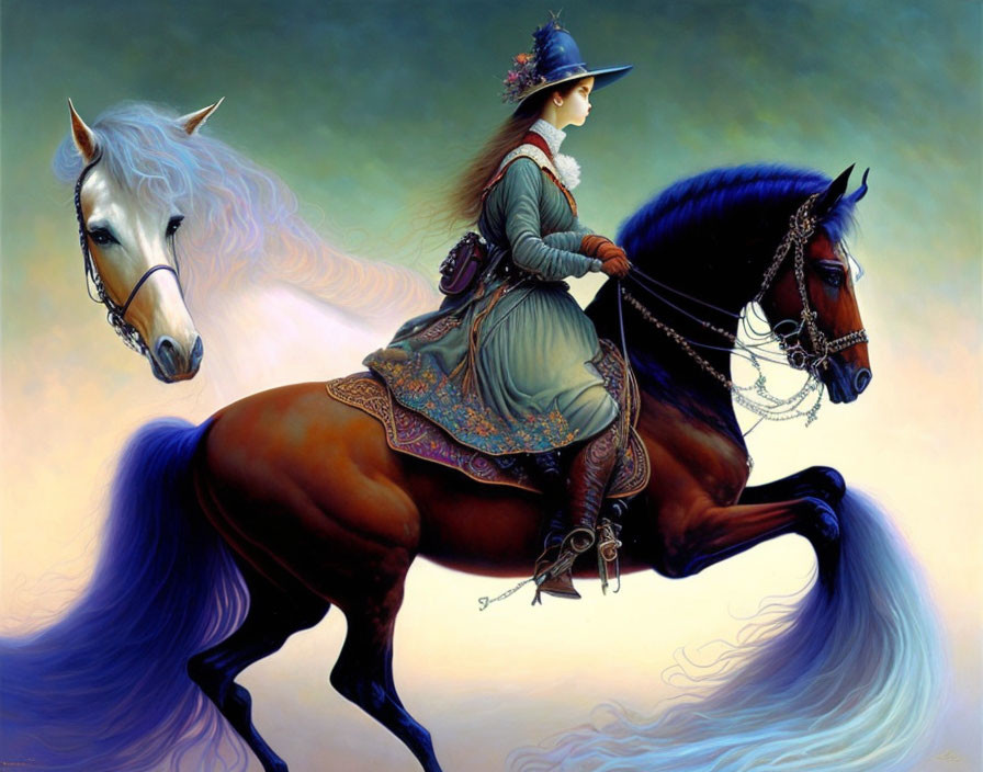 Historically dressed woman riding side-saddle on dark horse with white horse nearby