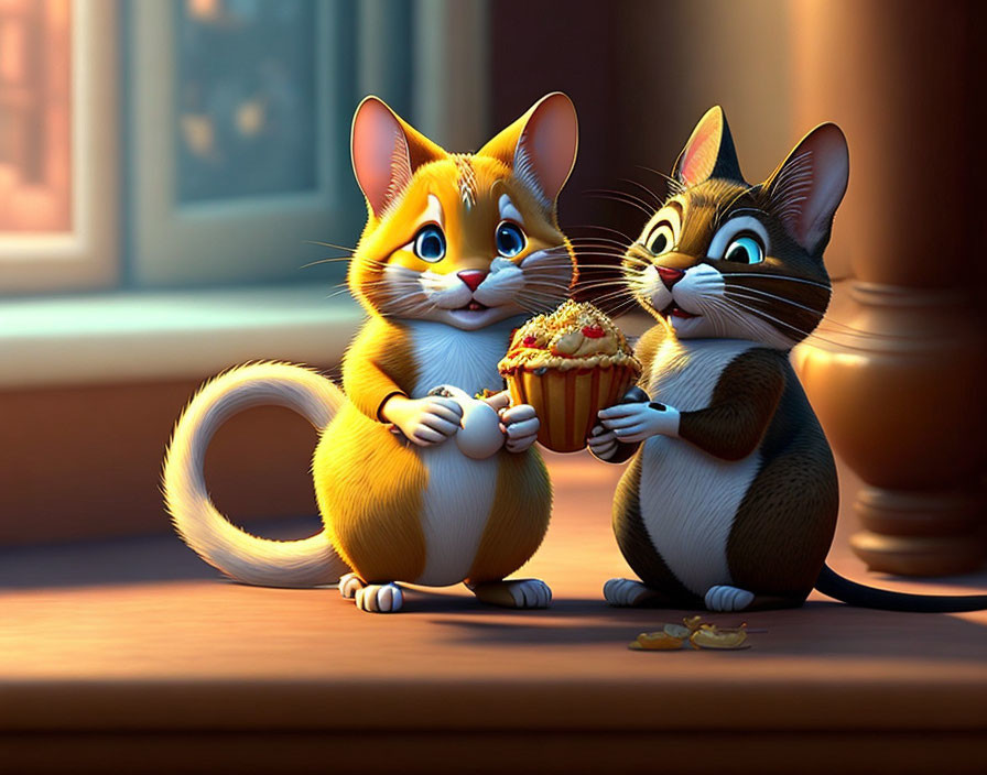 Two animated cats sharing a cupcake by a sunny window