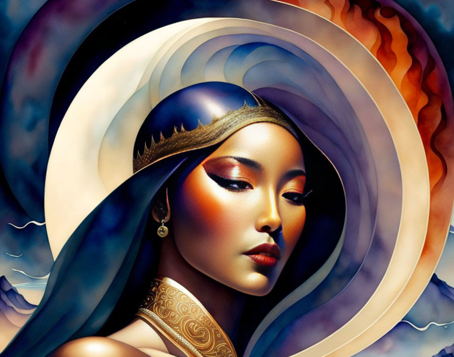 Illustrated portrait of woman with golden crown against swirling colors mimicking waves and flames