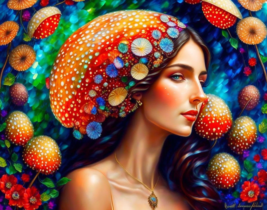 Colorful woman illustration with ornate mushroom hat in lush nature scenery