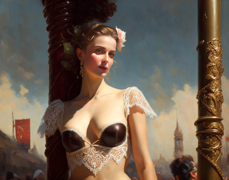 Ornately styled woman in lace outfit against historical cityscape