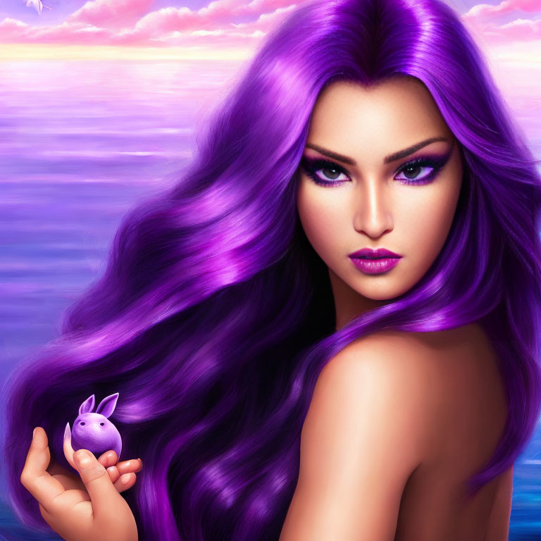 Digital Artwork: Woman with Purple Hair Holding Rabbit on Sunset Ocean Background