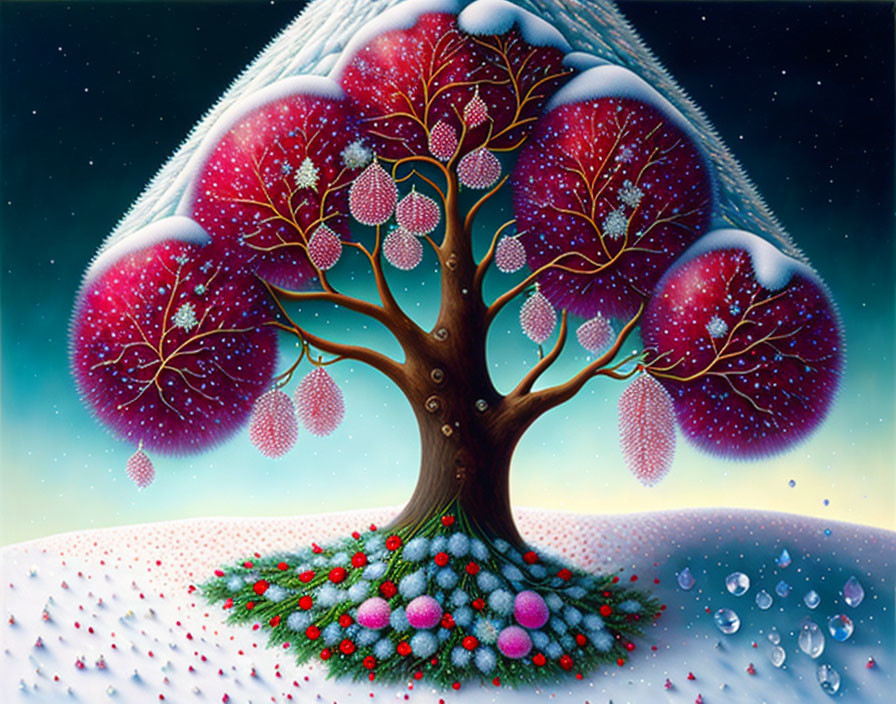 Whimsical painting of pink tree under snowy arch with green bushes