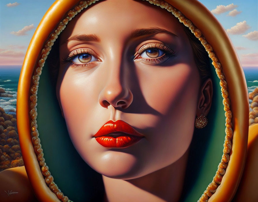 Hyperrealistic Painting: Woman with Blue Eyes and Red Lips in Ornate Orange Headpiece against Cloud