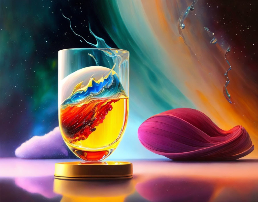 Detailed Whiskey Glass Art with Ocean Wave and Shell on Cosmic Background