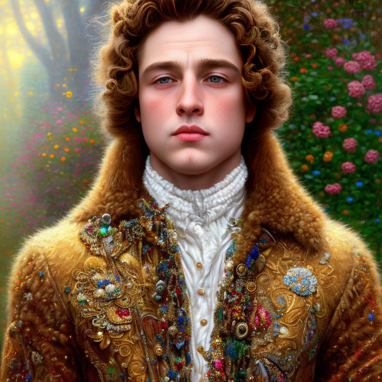 Young man with curly hair in gold jacket against mystical floral backdrop