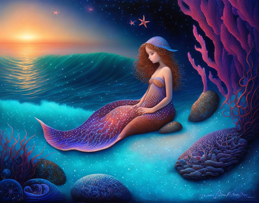 Mermaid with Flowing Hair on Rock by Sea at Sunset