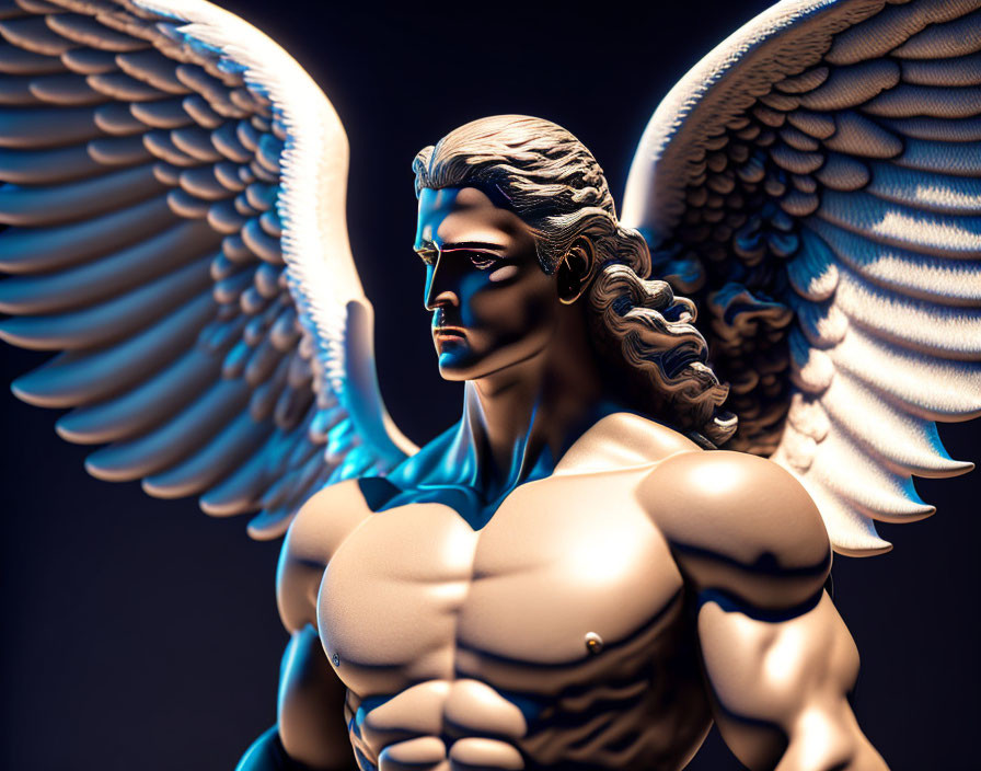 Winged humanoid figure with muscles, gazing forward on dark background