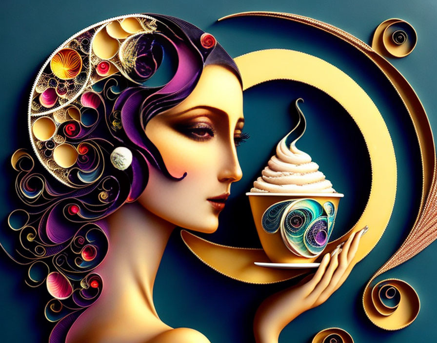 Surreal artwork: Woman's profile with ornate hair holding whimsical cup