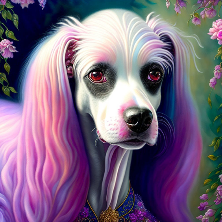 Illustration of a pink and white haired dog in purple top with gold pendant and flowers.