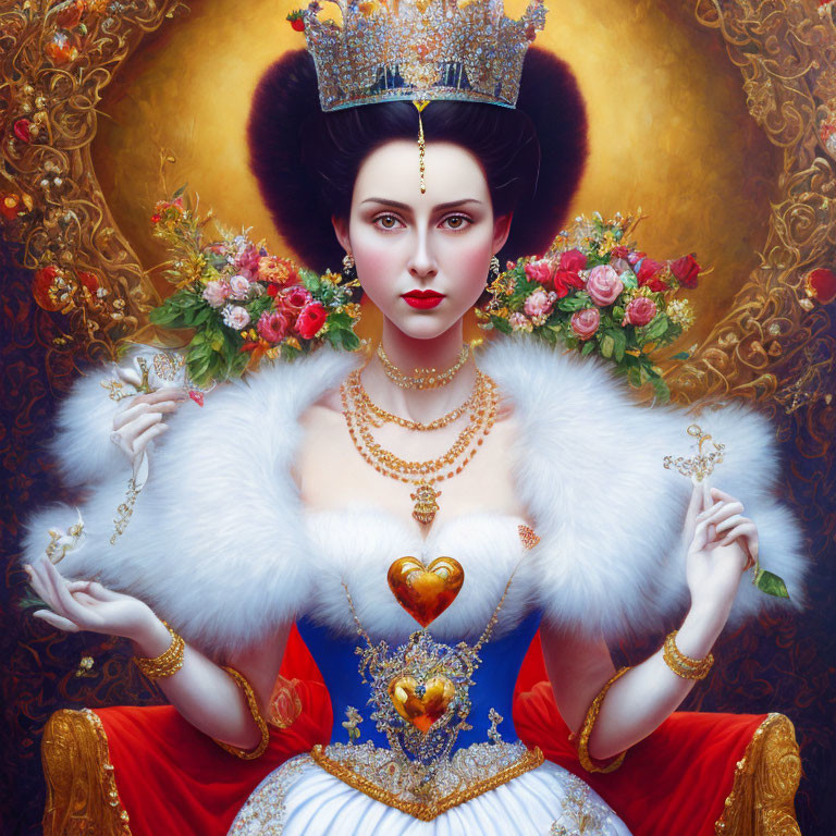 Regal woman with golden crown and jewel, surrounded by ornate patterns and flowers.