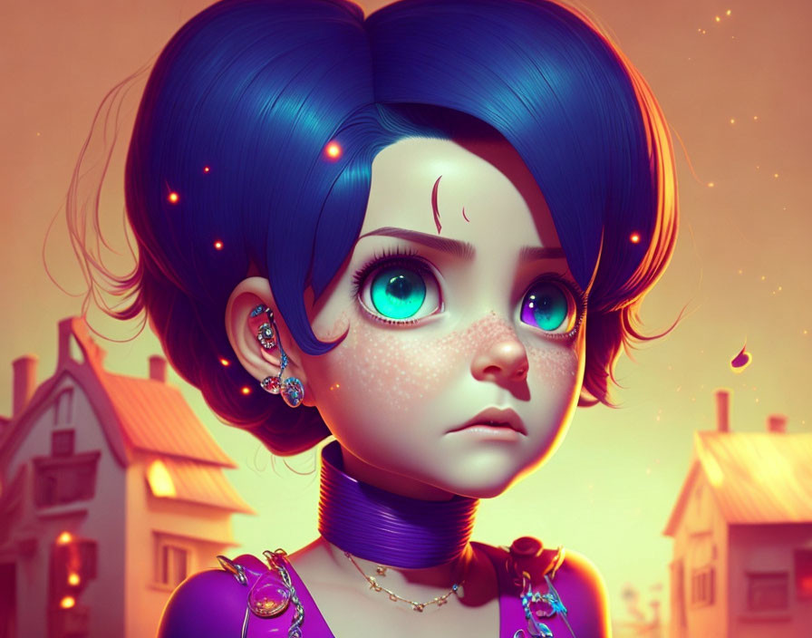 Digital artwork featuring girl with blue eyes and dark blue hair in evening town setting