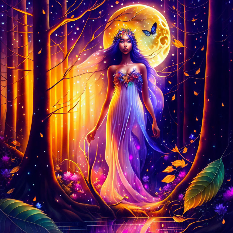 Mystical woman with starry hair in enchanted forest with butterflies under full moon