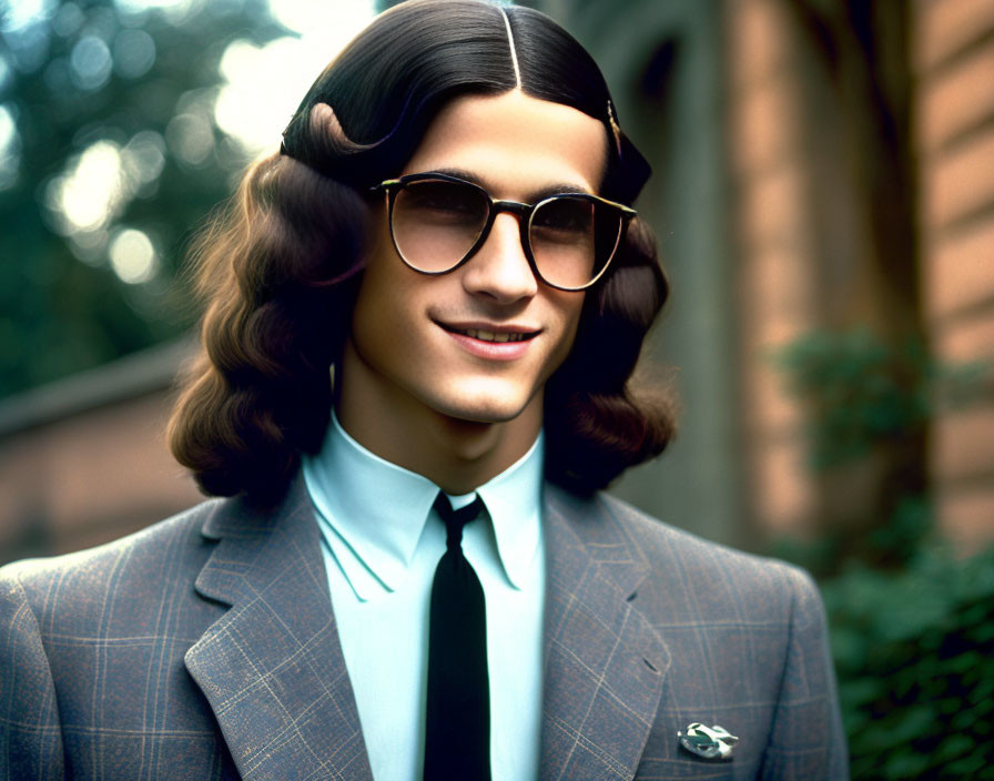 Curly-Haired Man in Sunglasses Smiling Outdoors in Patterned Suit