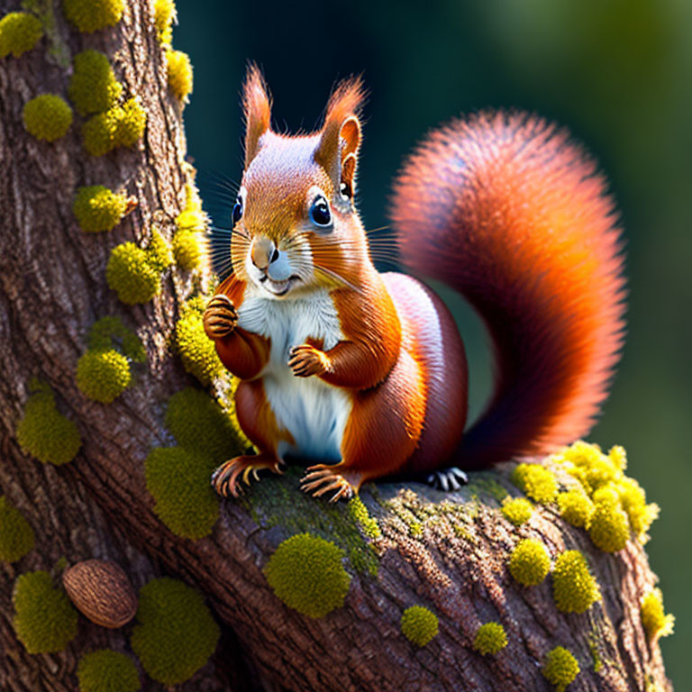 Colorful squirrel with bushy tail holding nut on mossy tree in soft green background