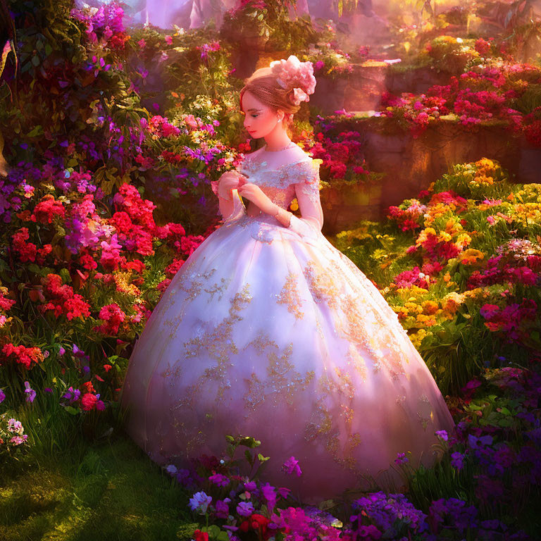 Woman in Floral Ball Gown Standing in Sunlit Garden