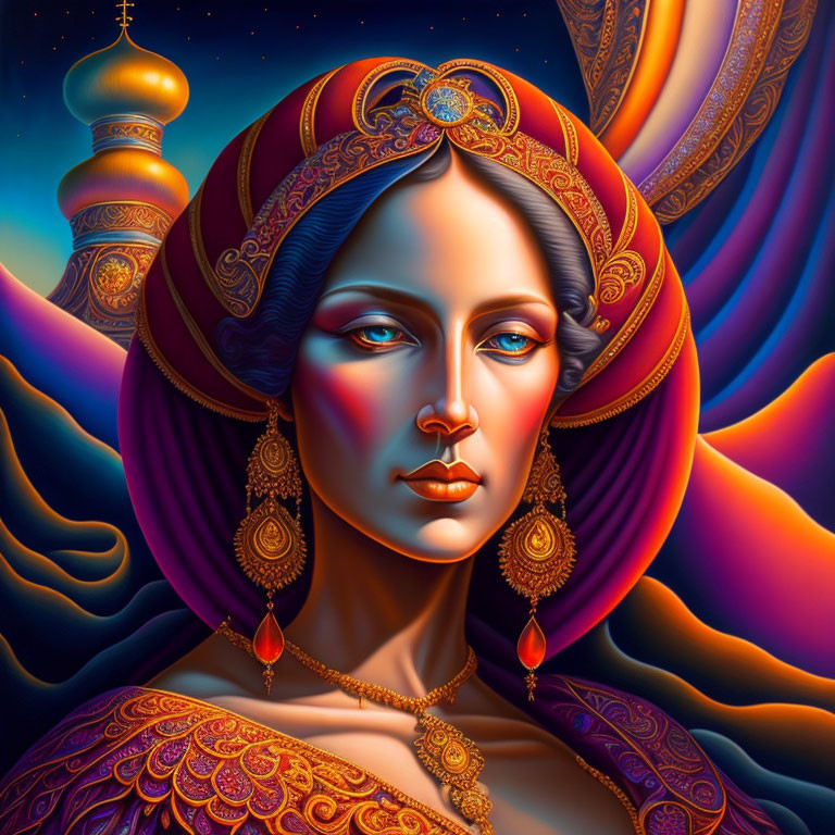 Vibrant illustration of a woman with exotic headwear and ornate jewelry