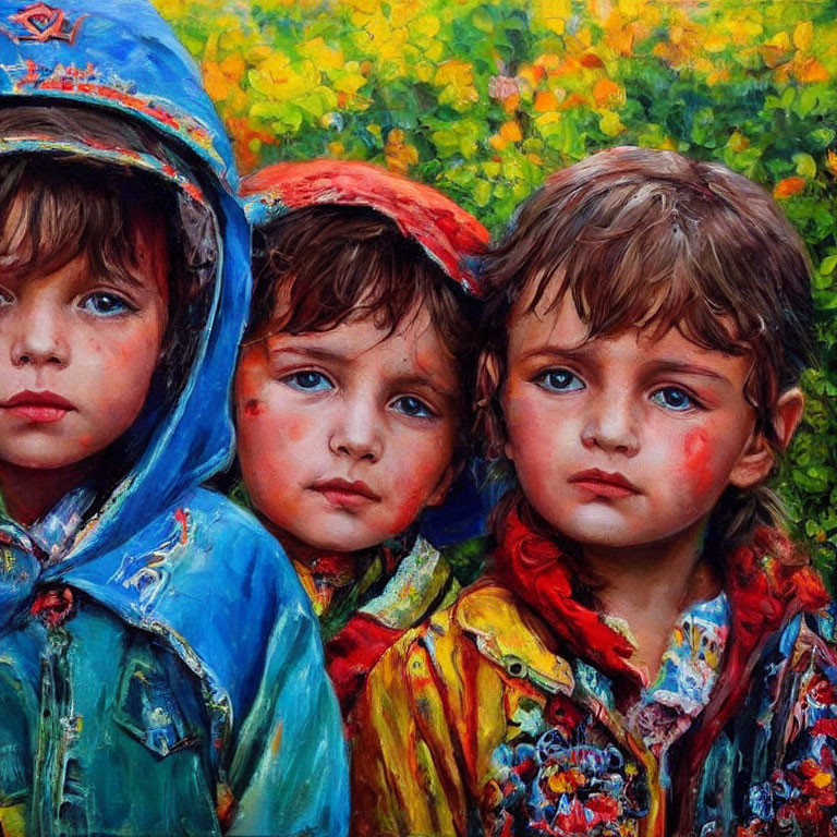 Three children in colorful raincoats with expressive eyes against yellow flower background