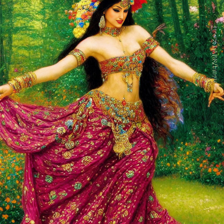 Woman in purple Indian outfit dancing in flower-filled meadow