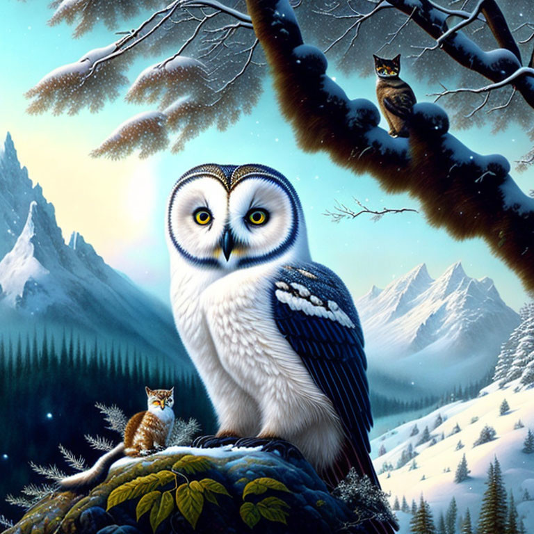 Large owl with penetrating eyes in snowy landscape with smaller owls, mountains, and pine trees