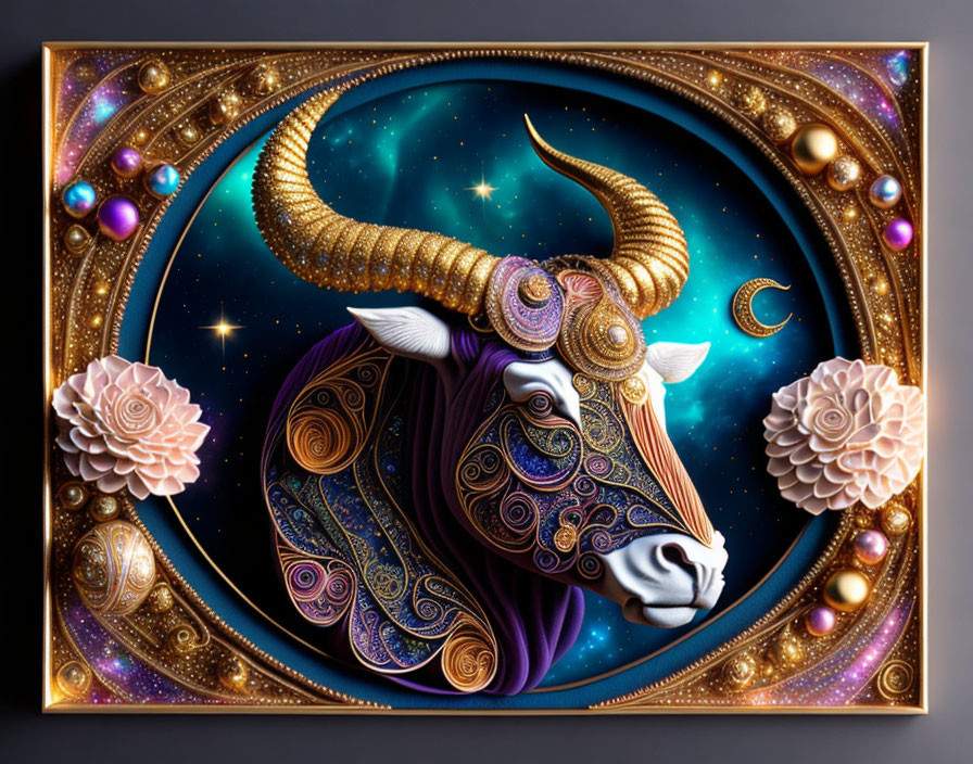 Cosmic bull digital artwork with ornate patterns and stars on night sky background