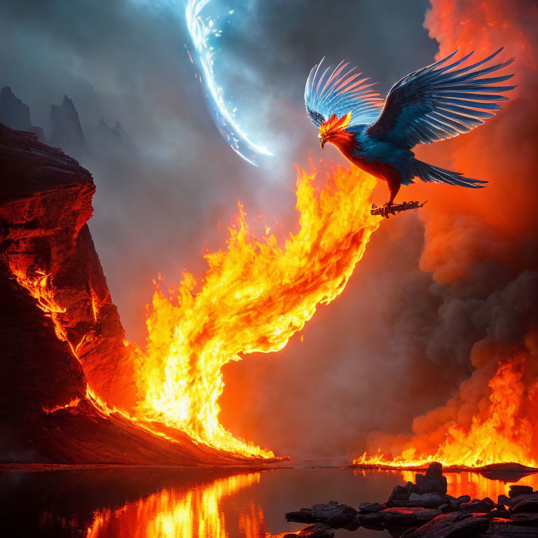 Mythological blue and orange bird flying over volcanic landscape