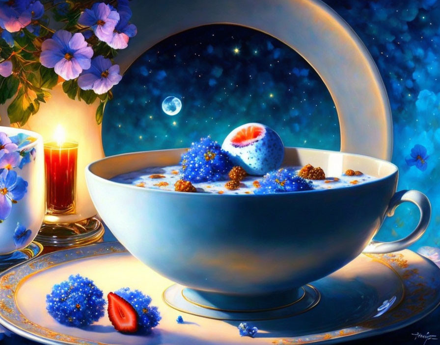 Whimsical painting of cereal bowl with stars, flowers, strawberry, and candle