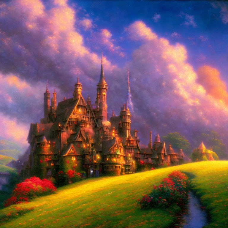 Majestic castle at sunset with lush greenery and red flowers