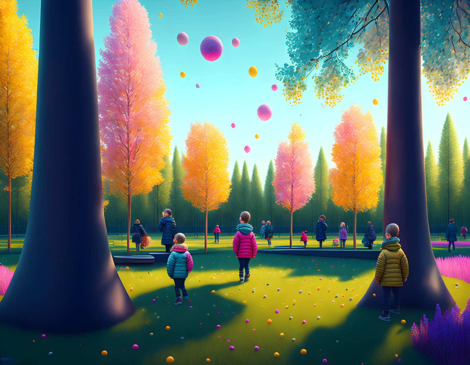 Lively park scene with people, tall trees, colorful balls, and pink & yellow foliage