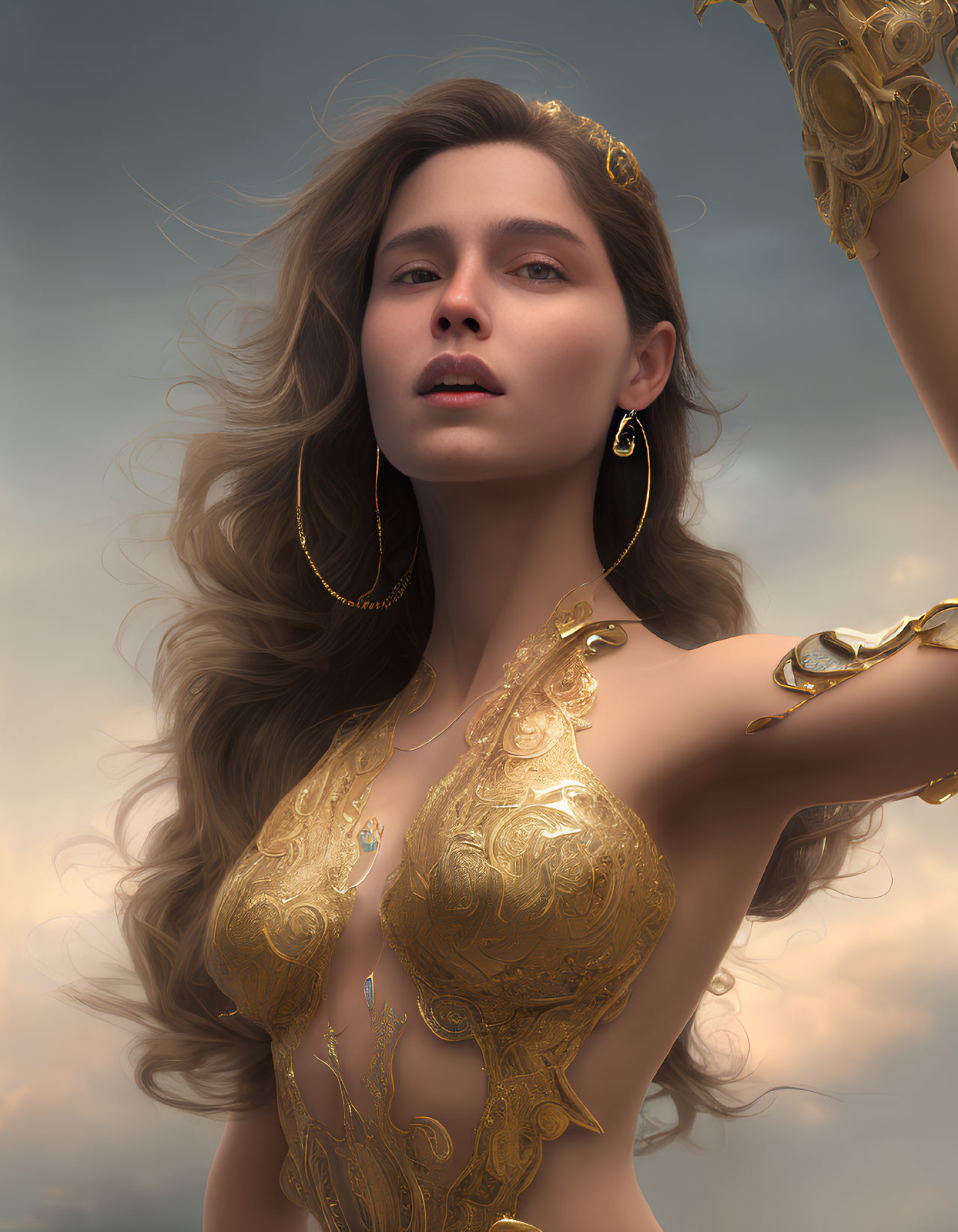 Woman adorned in gold jewelry against cloudy sky background