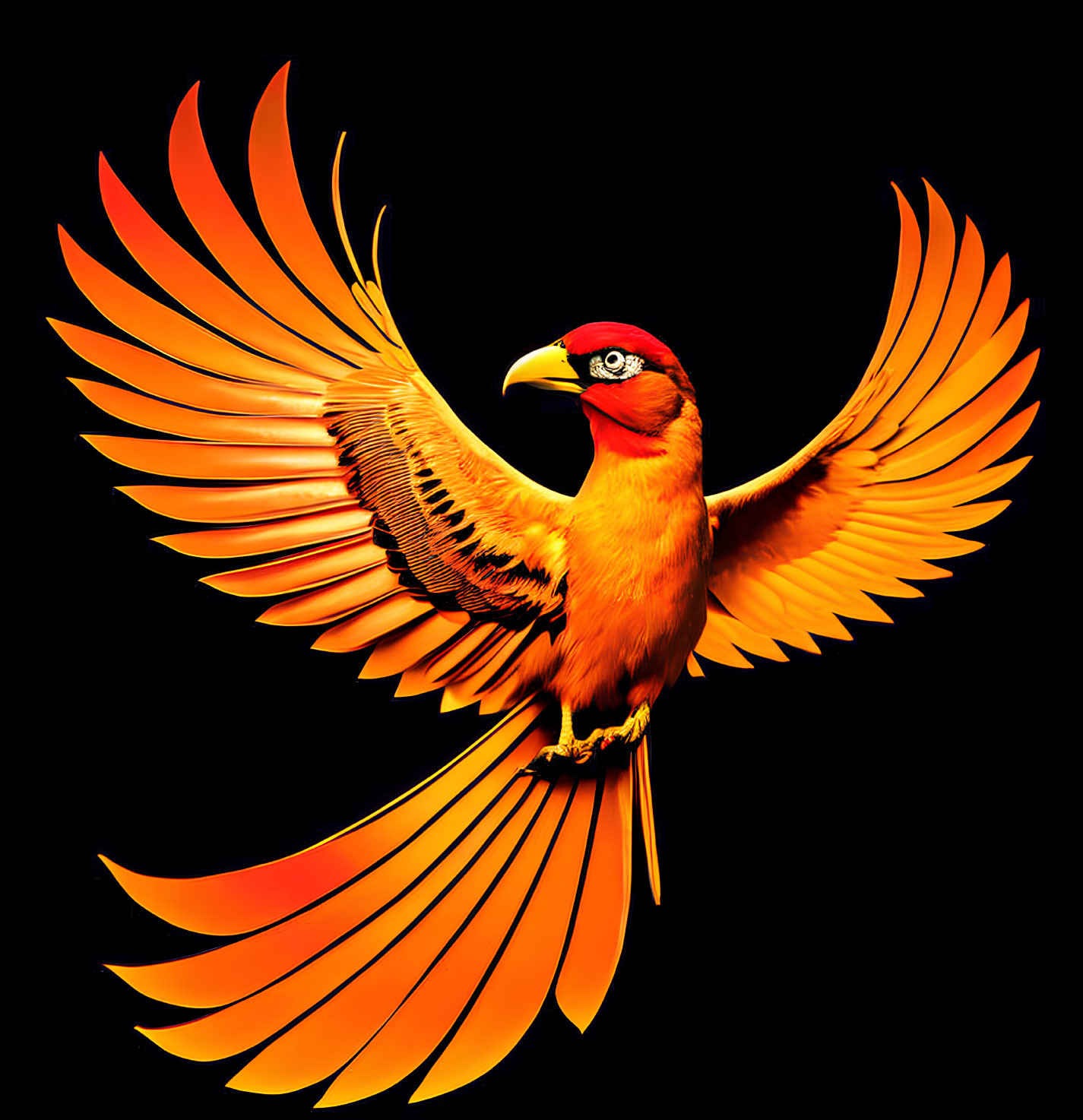 Fiery orange bird with outstretched wings on black background