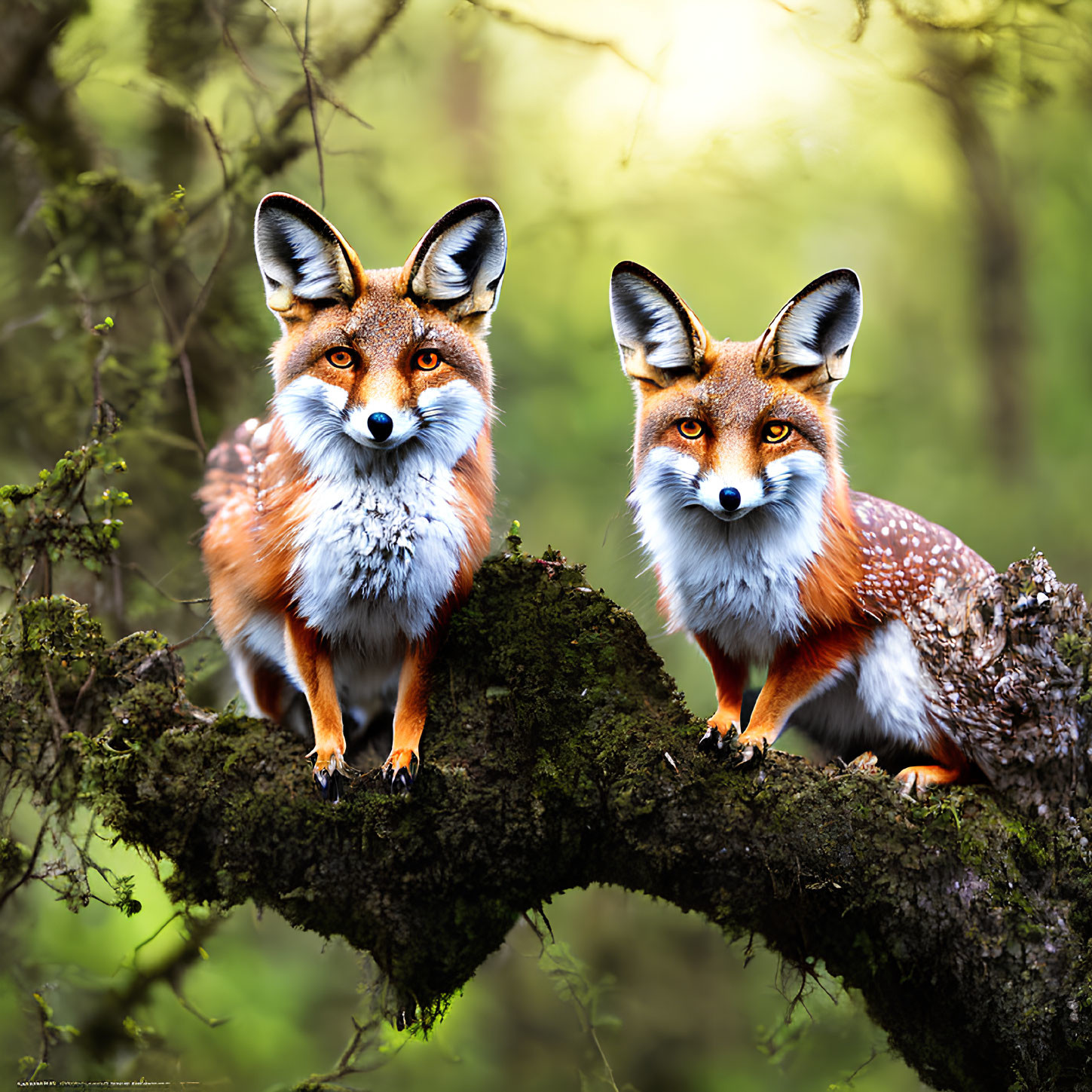 Vividly Colored Foxes Perched on Mossy Tree Branch